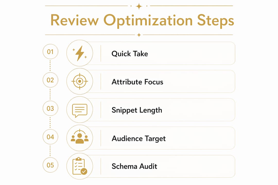 Infographic showing five key steps to optimize reviews for answer engines