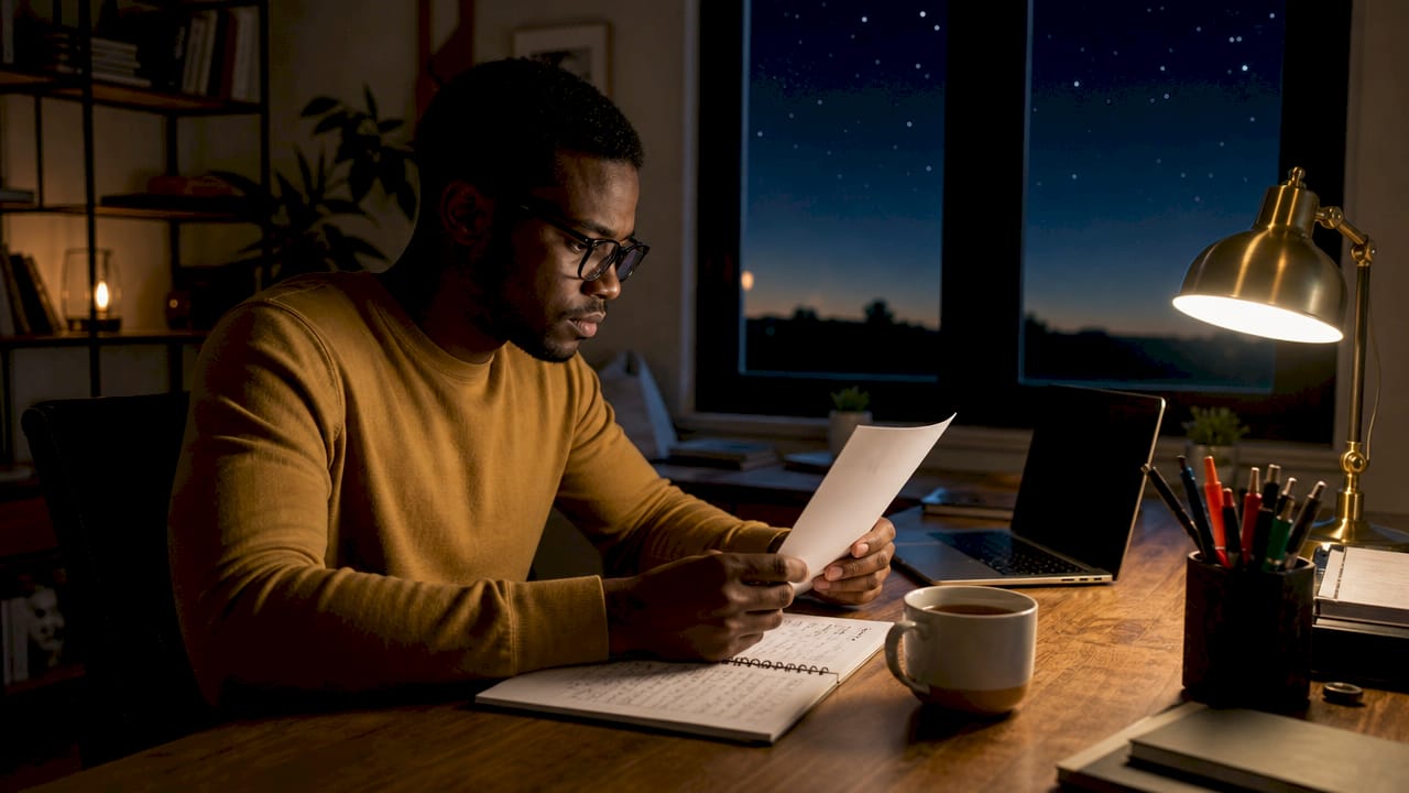 Hands typing with fact-checking notes at desk