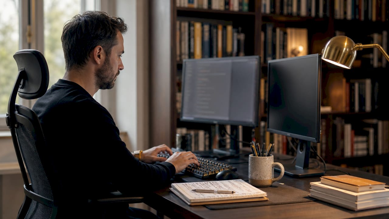 Hands typing technical SEO code and notes