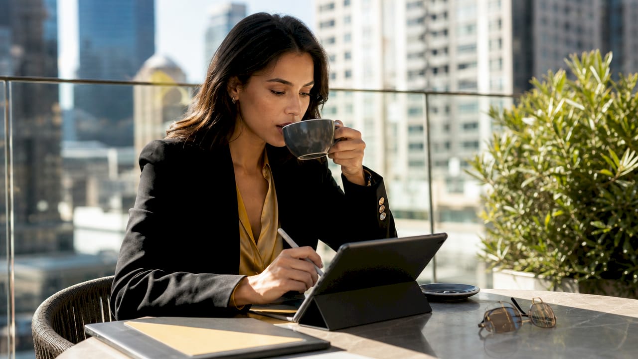Hands using tablet with marketing materials nearby