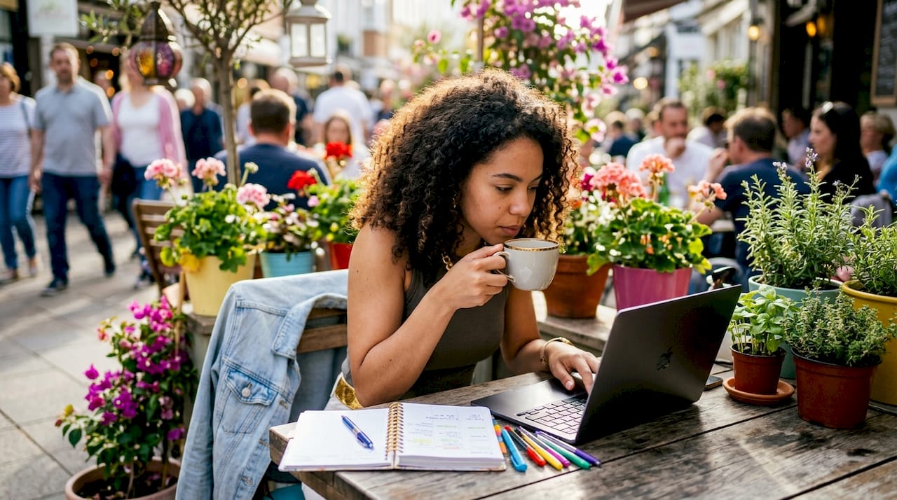 Marketer working on multimodal content at co-working desk