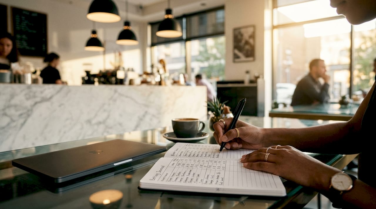 Hands writing betting probability estimates in journal