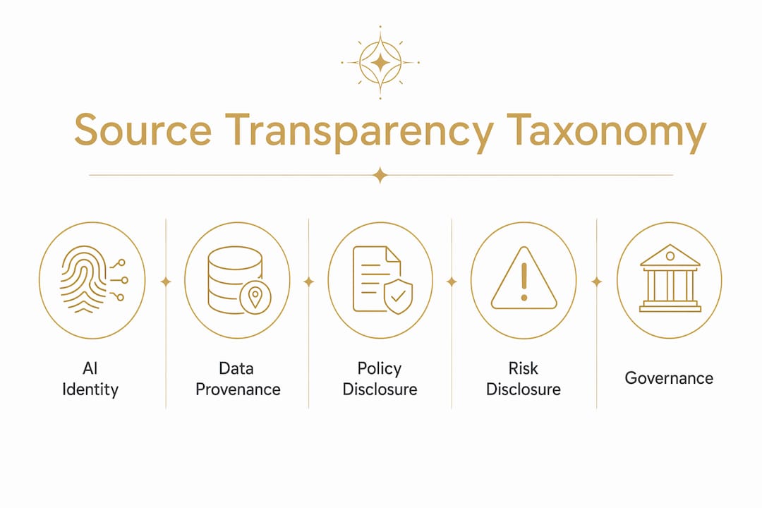Infographic illustrating AI source transparency taxonomy