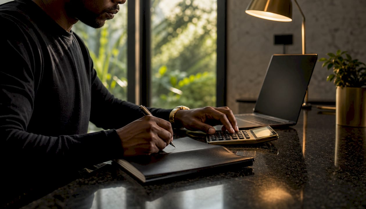 Hands calculating affiliate marketing metrics