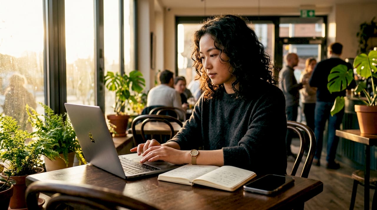 Woman planning AI content strategy at home desk