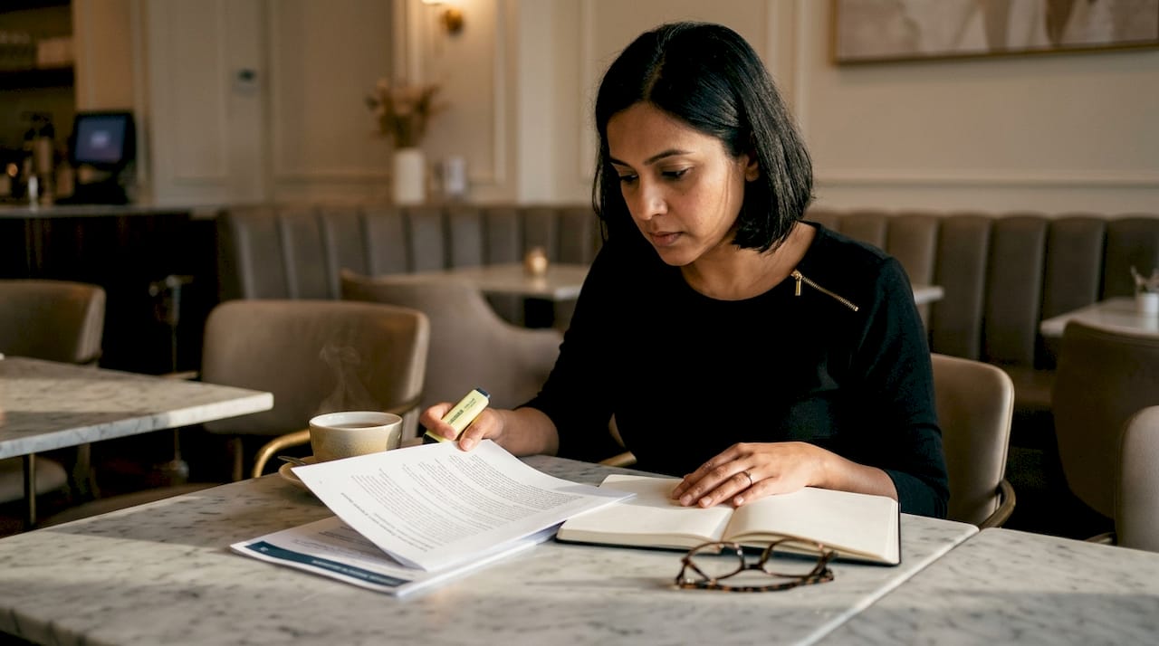 Woman reviewing AI citation documents at desk