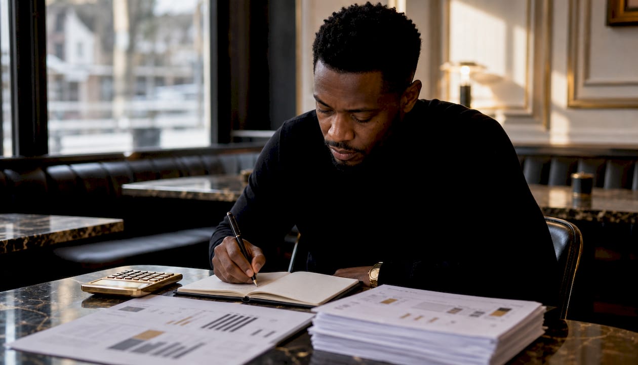 Hands calculating casino house edge percentages on papers