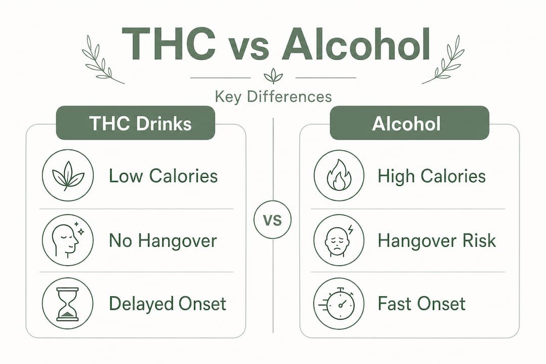 Infographic comparing THC drinks and alcohol features