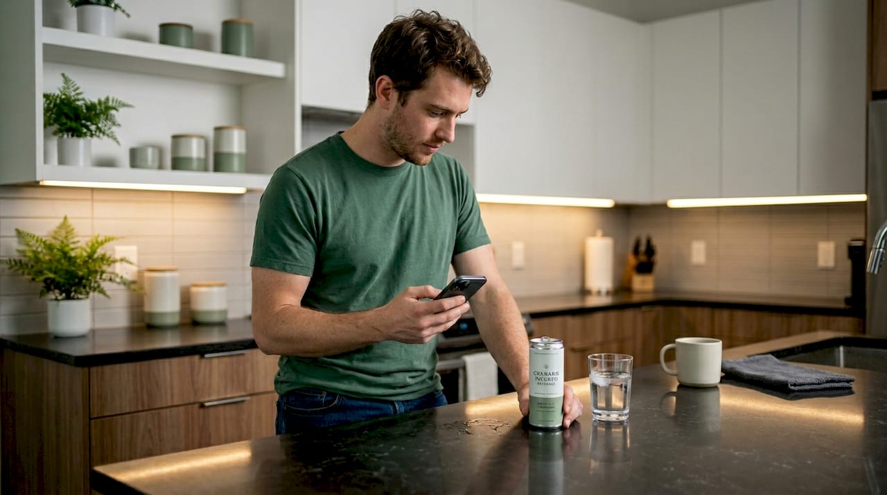 Man checking timing for THC drink in kitchen