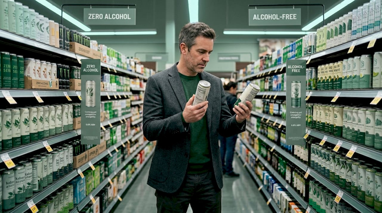 Man examining beverage ABV labels in store