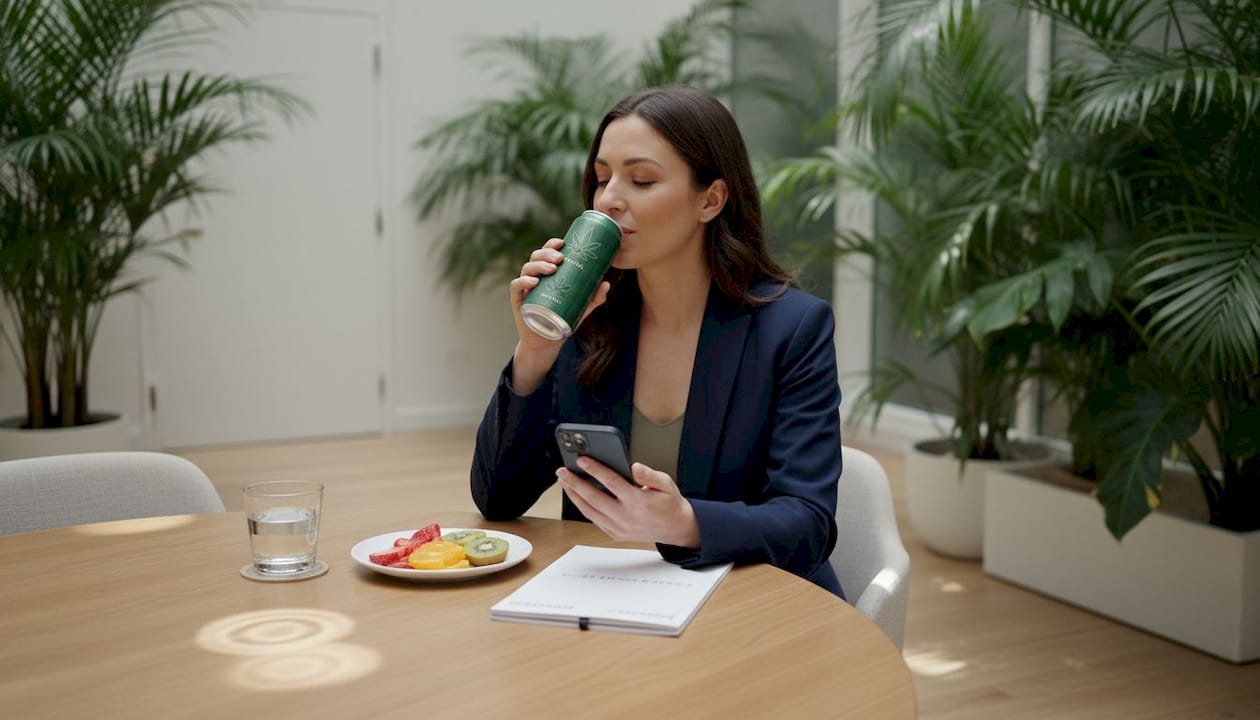Businesswoman sipping cannabis beverage at table