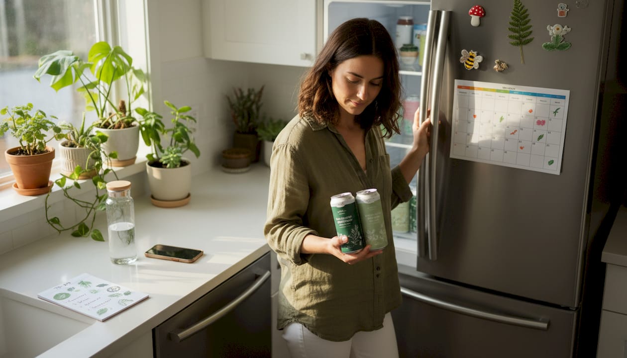 Woman choosing THC seltzer in kitchen