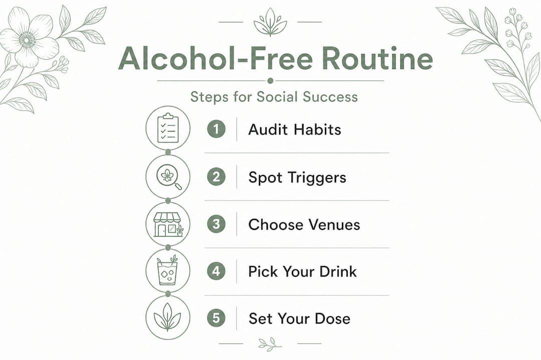 Vertical flow infographic outlining alcohol-free routine steps
