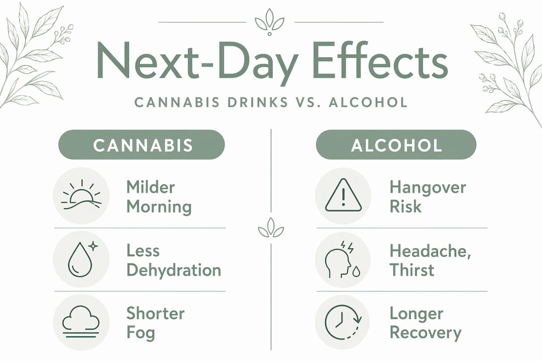 Infographic comparing cannabis drinks and alcohol next-day effects