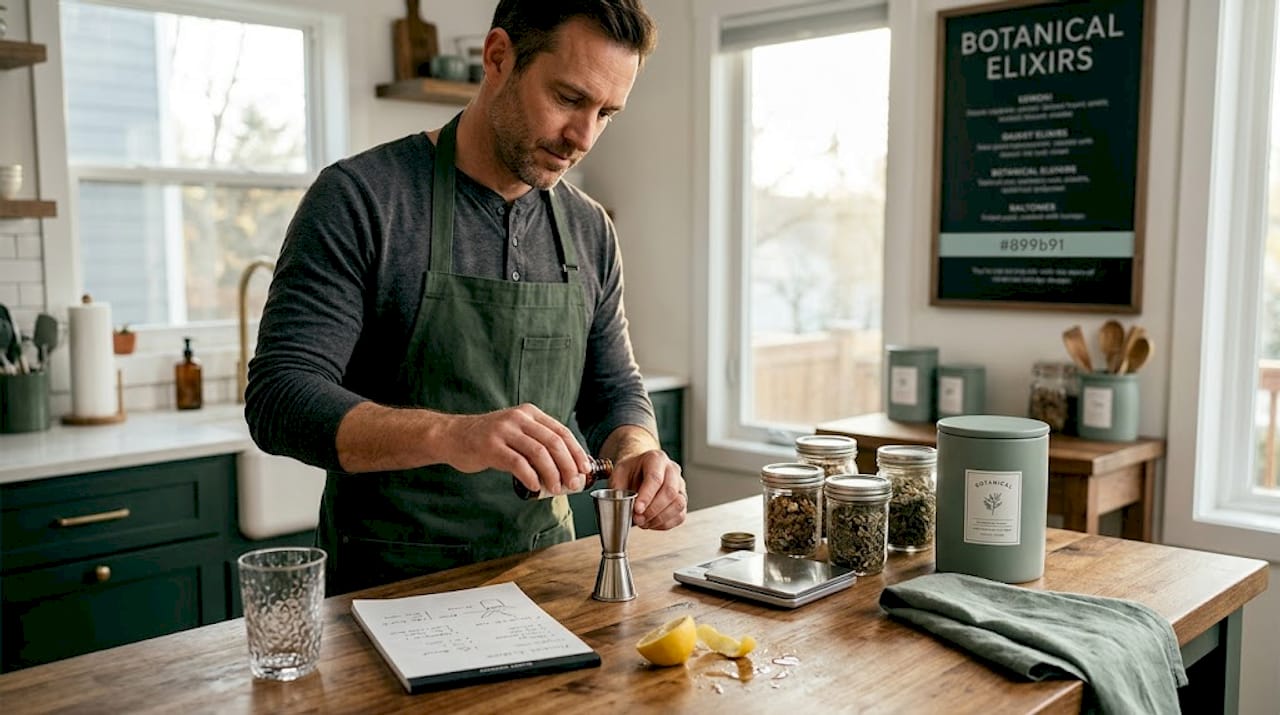 Person mixing cannabis beverage ingredients at kitchen island