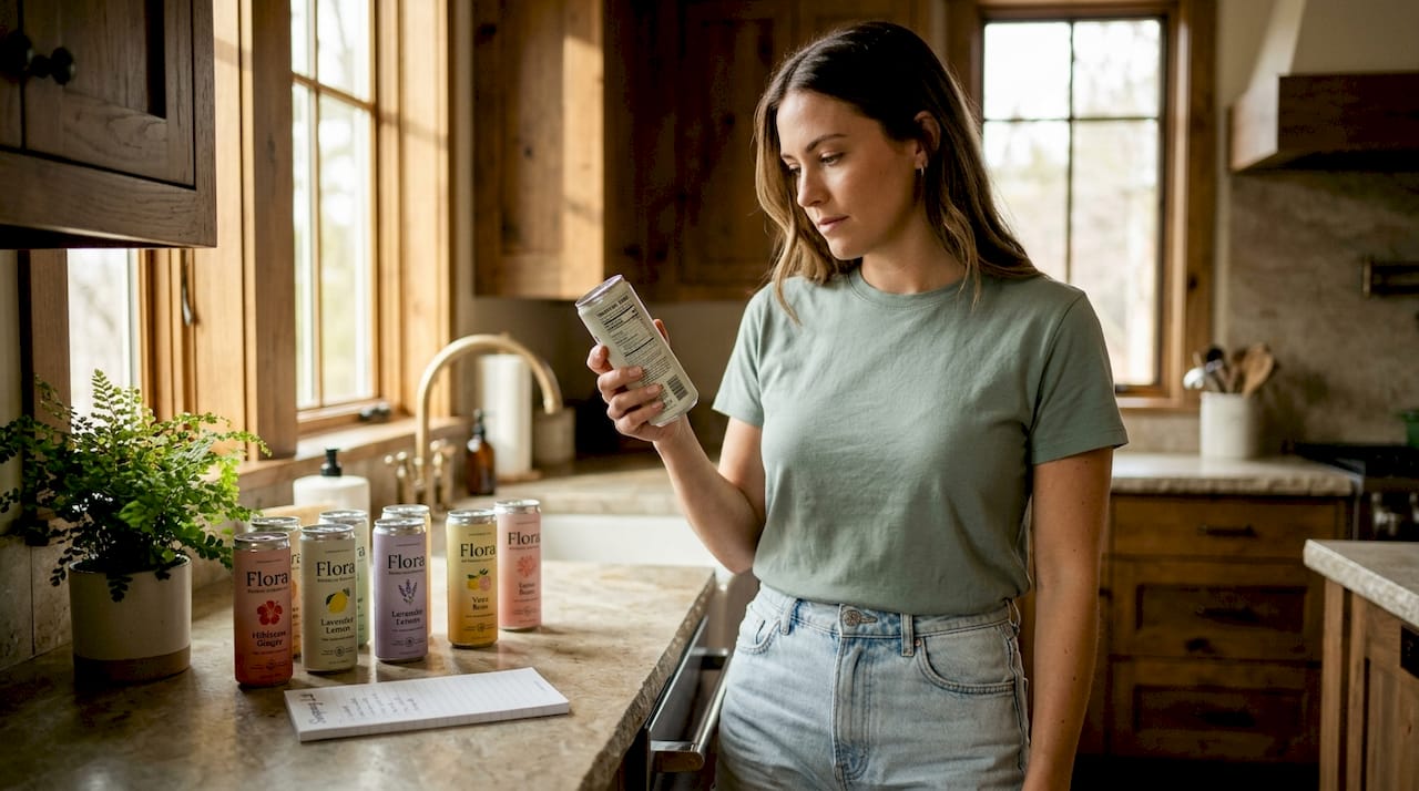 Woman reading carbonated THC drink label in kitchen