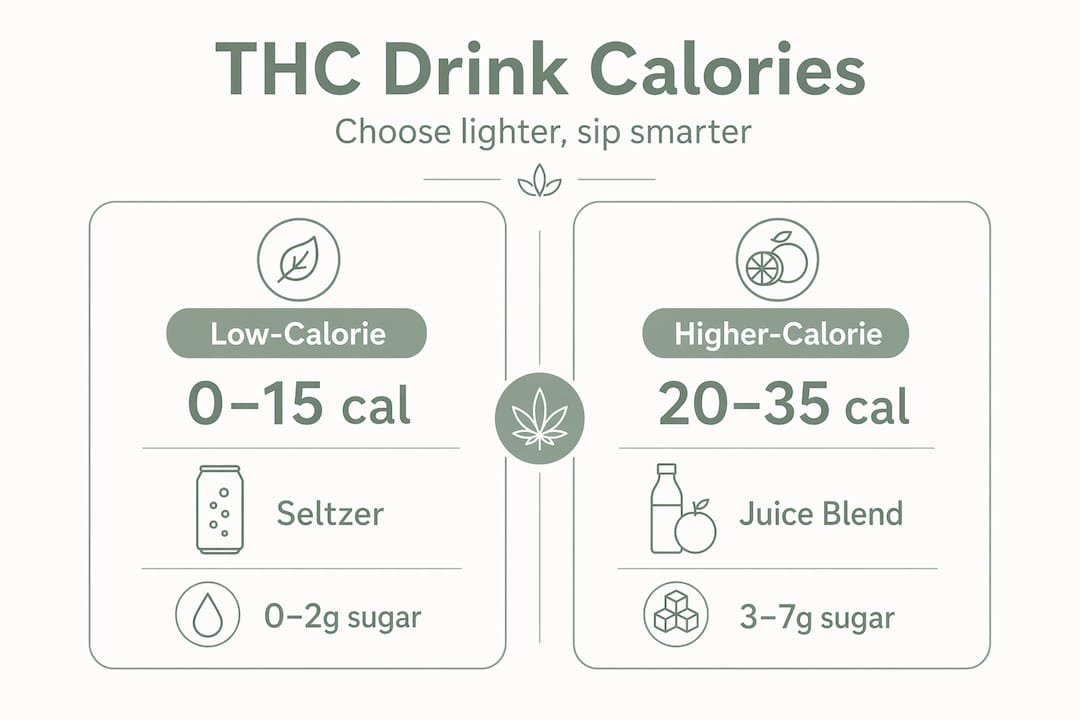 Split-category infographic THC drink calorie comparison