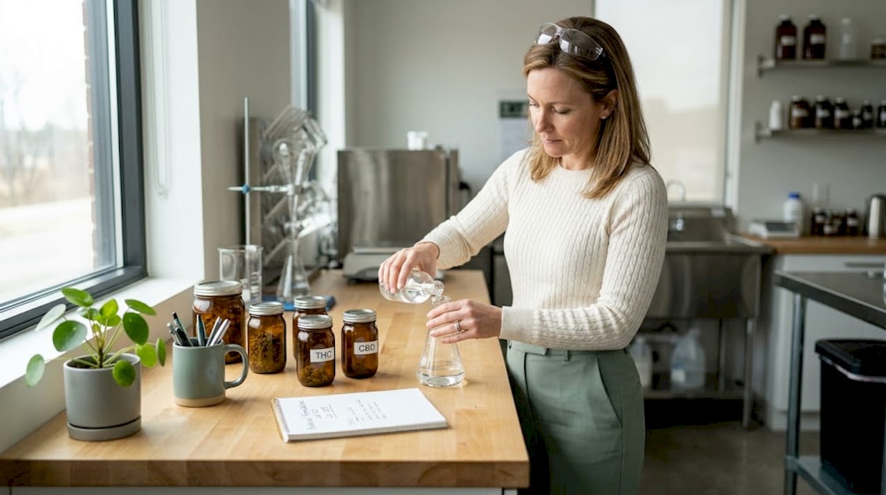 Woman preparing THC CBD drink in lab studio
