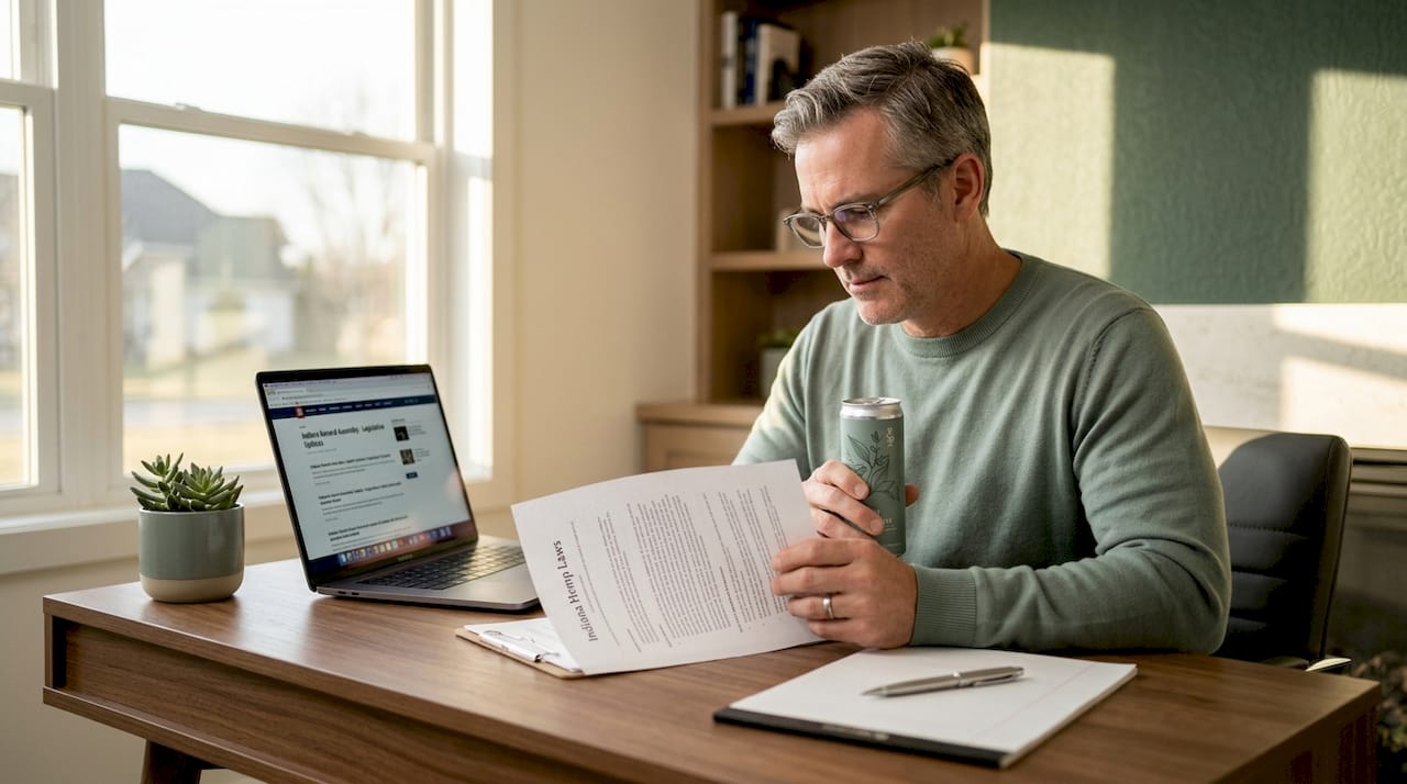 Man reading hemp law printout with drink