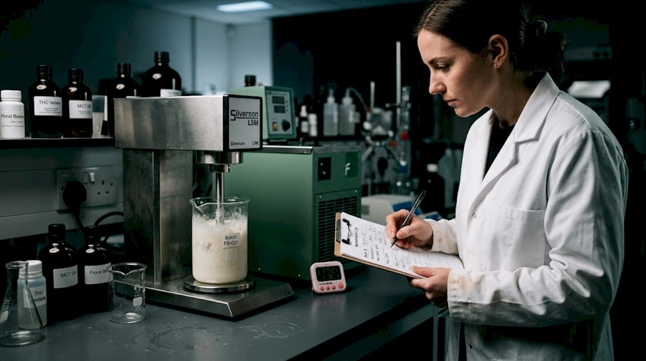 Technician monitors THC drink nanoemulsion process