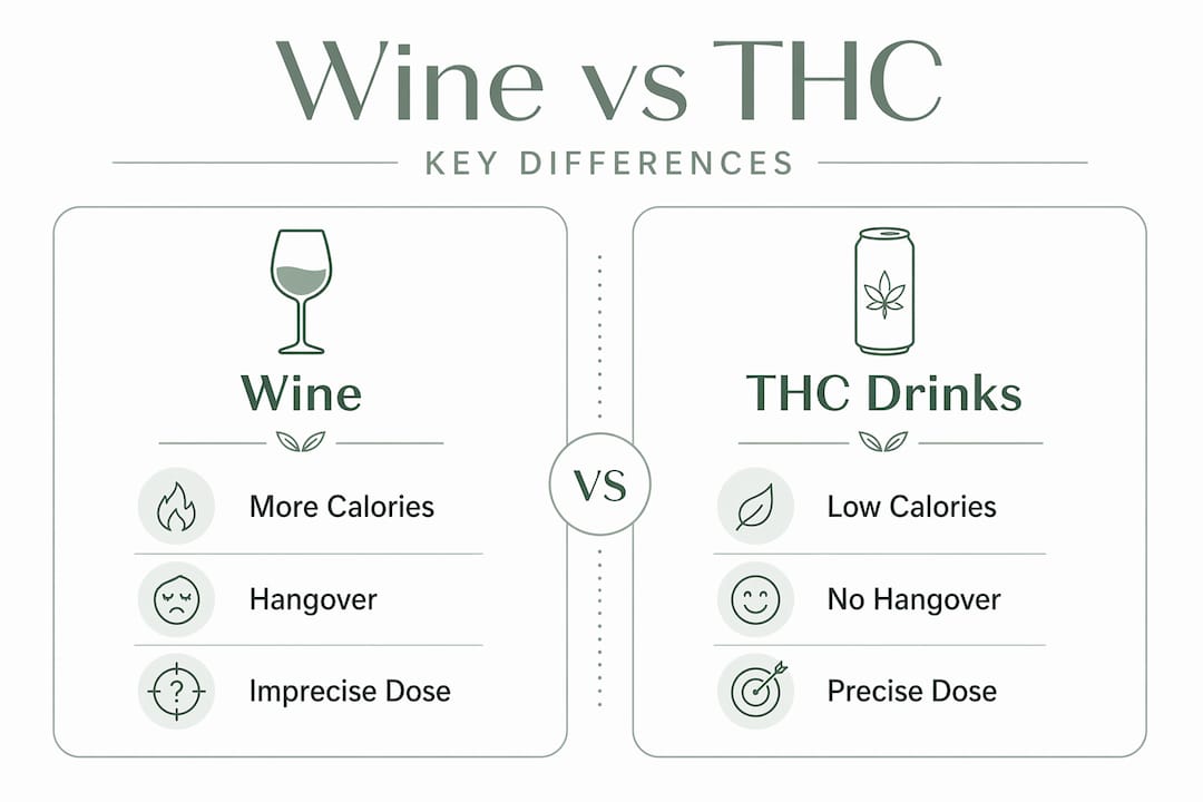 Infographic contrasting wine and THC drink benefits