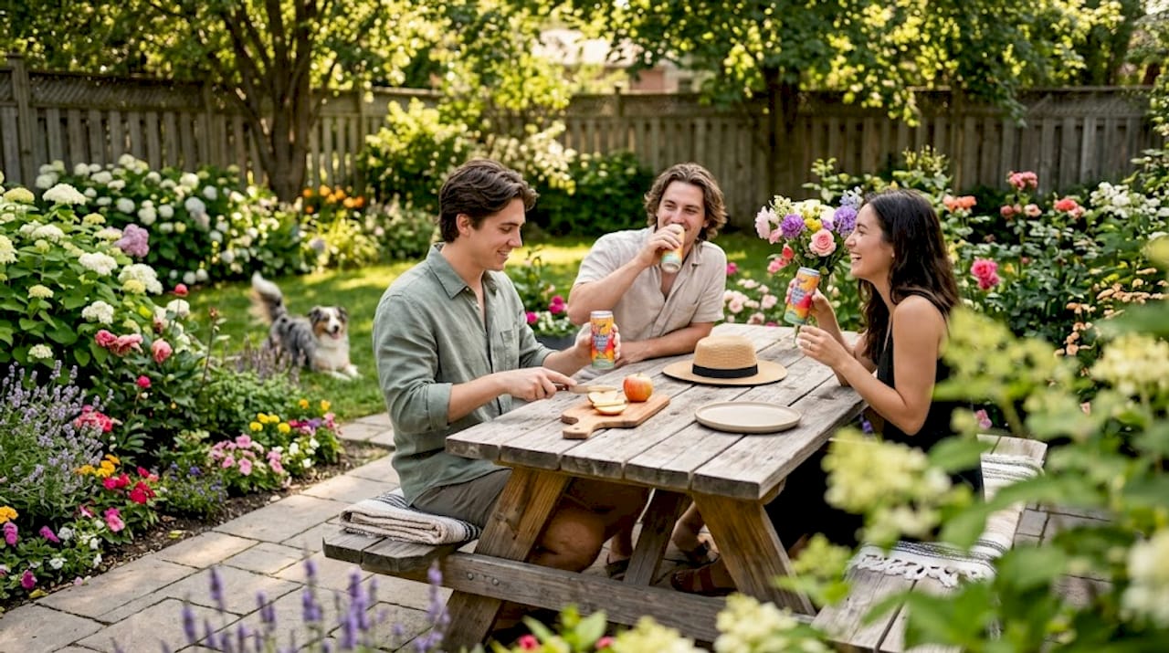 Friends enjoy THC drinks at patio table