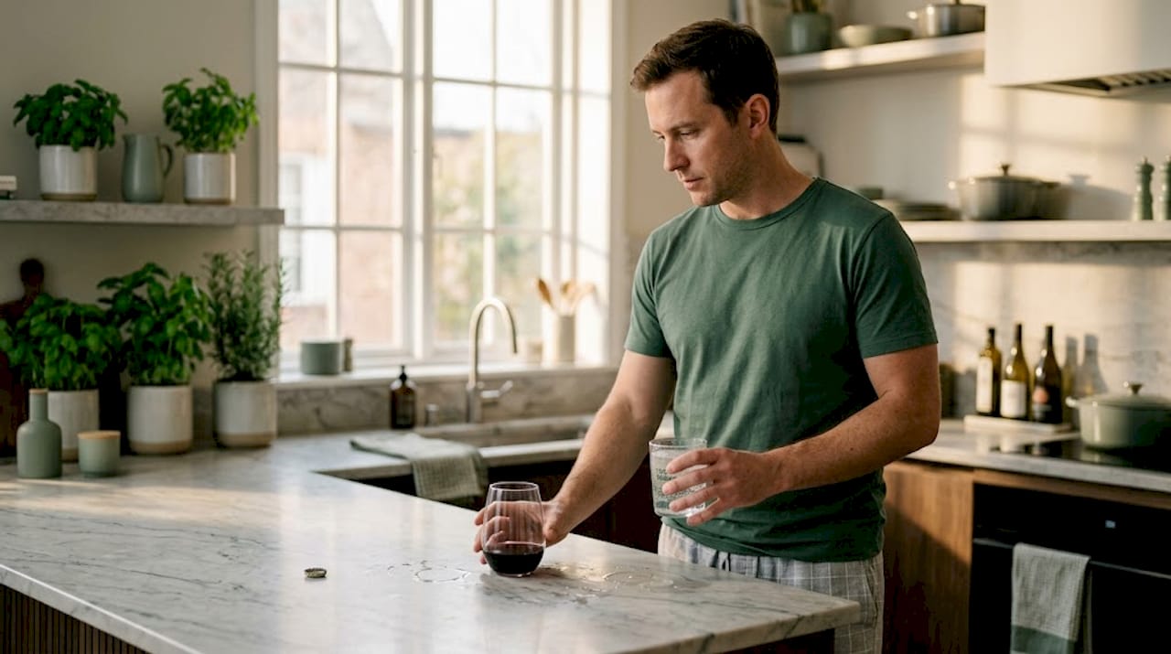 Man comparing THC drink and wine in kitchen