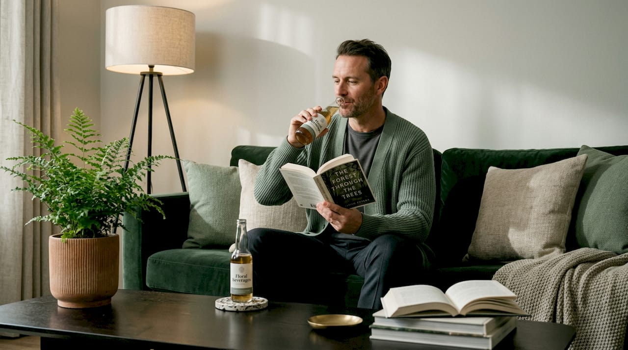 Person relaxing with THC beverage at home