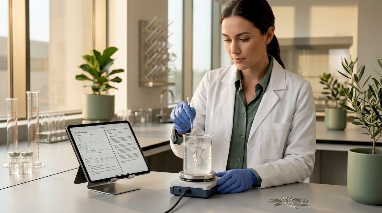 Lab technician mixes nanoemulsion on workbench