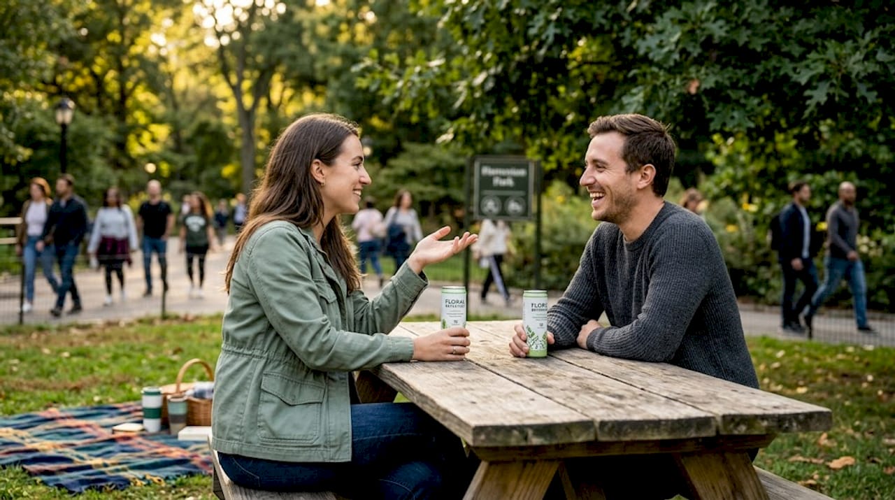 Adults chatting with cannabis drinks in café