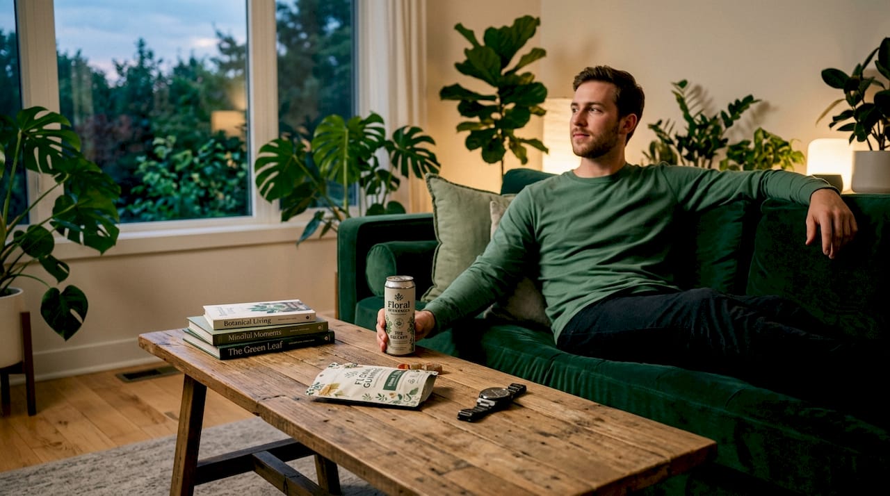 Man with cannabis drink and gummies in living room