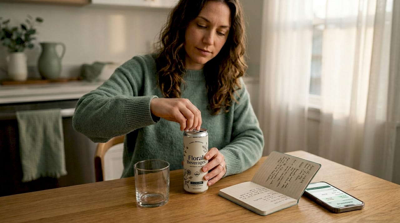 Adult preparing THC seltzer dosage at home table
