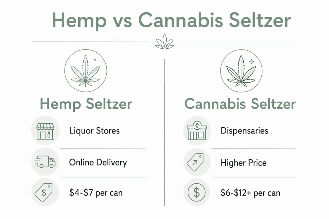 Infographic comparing hemp and cannabis seltzer pricing and accessibility