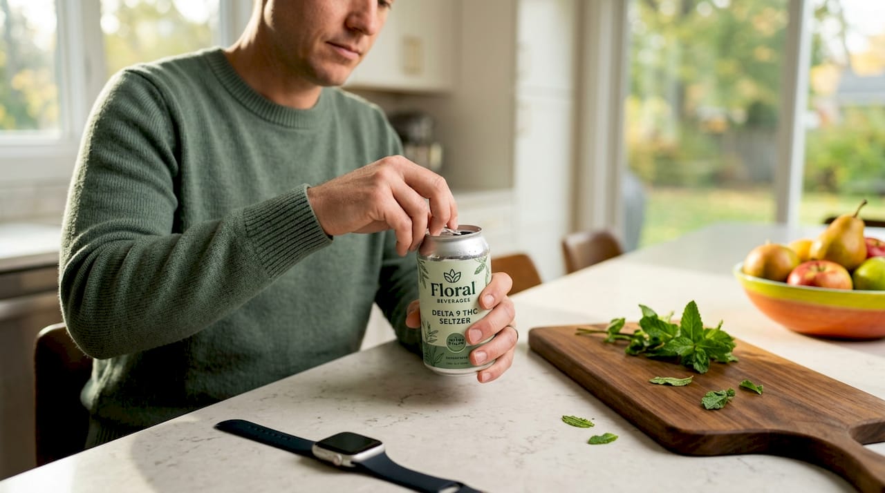 Person opening delta 9 THC seltzer at home