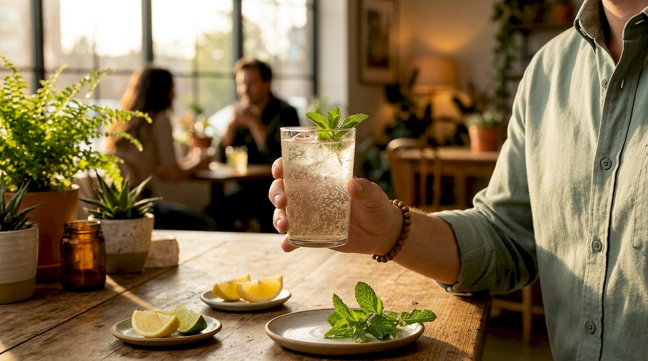 Hand holding sparkling cannabis terpene drink with citrus