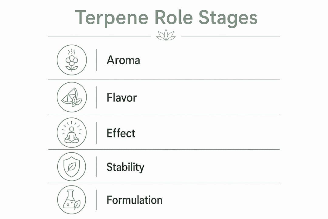 Infographic illustrating five key stages of terpene role in cannabis drinks
