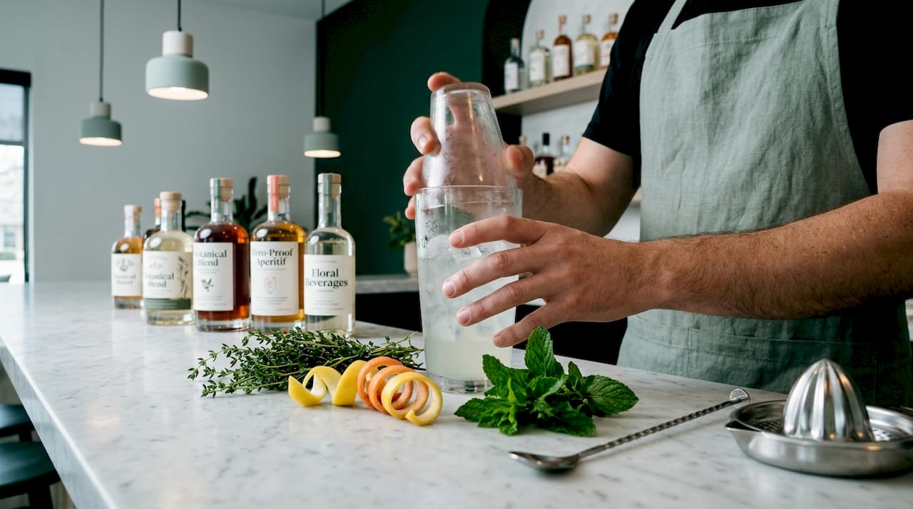 Bartender making zero-proof cocktail with fresh botanicals