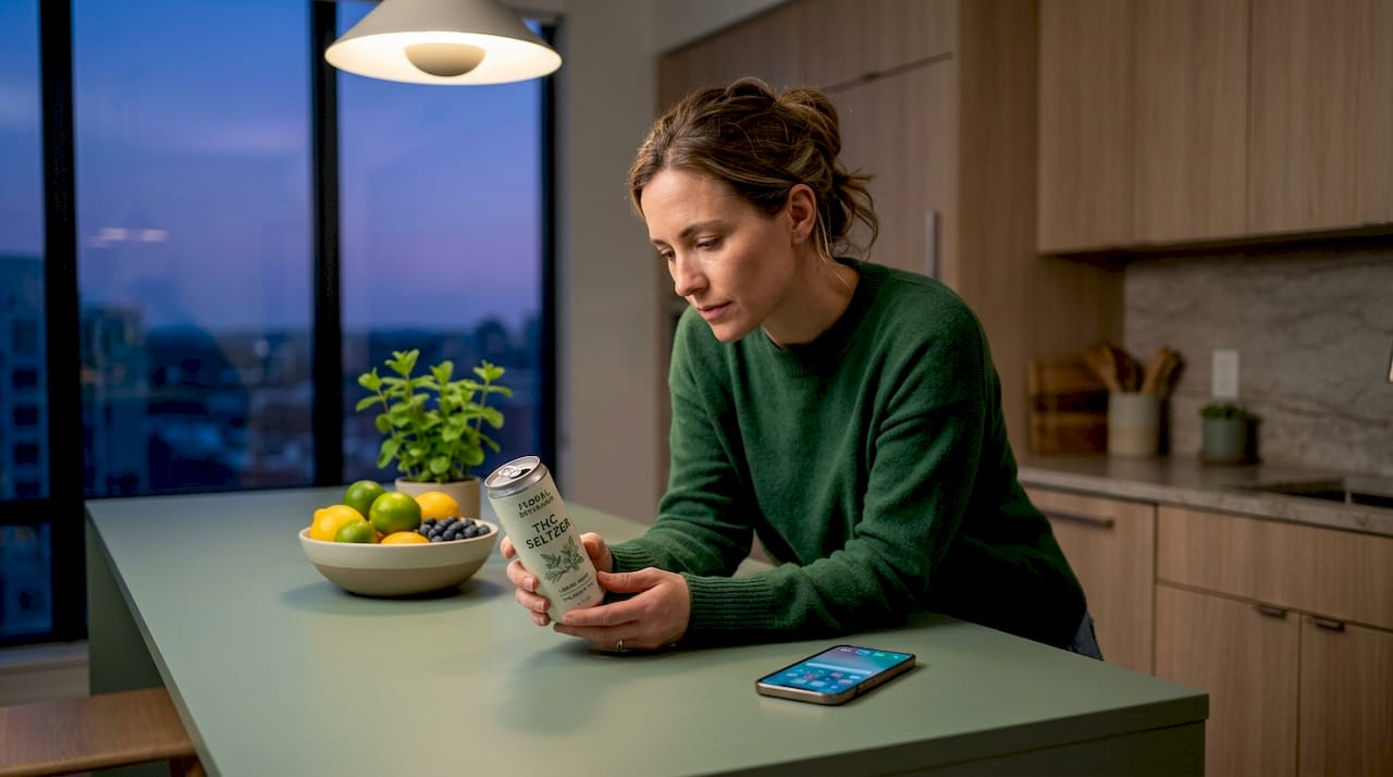 Woman reading THC beverage label in kitchen