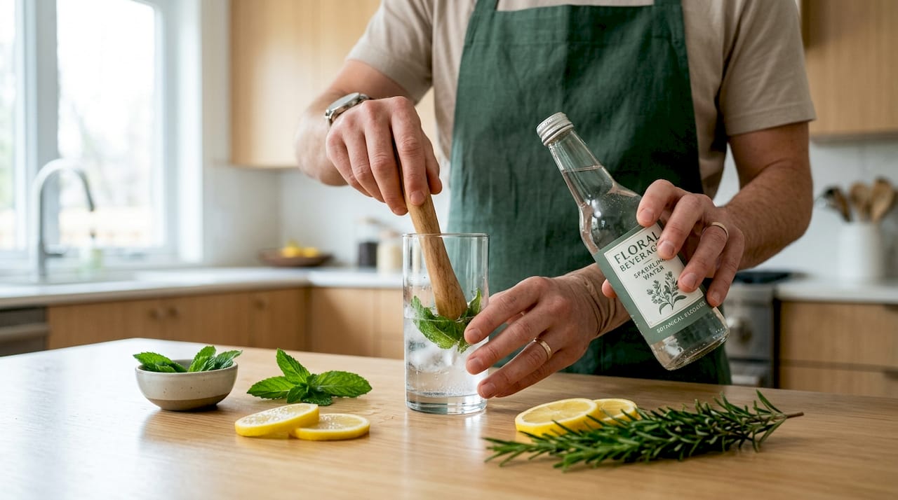 Hands prepping low calorie fizzy mocktail with fresh ingredients