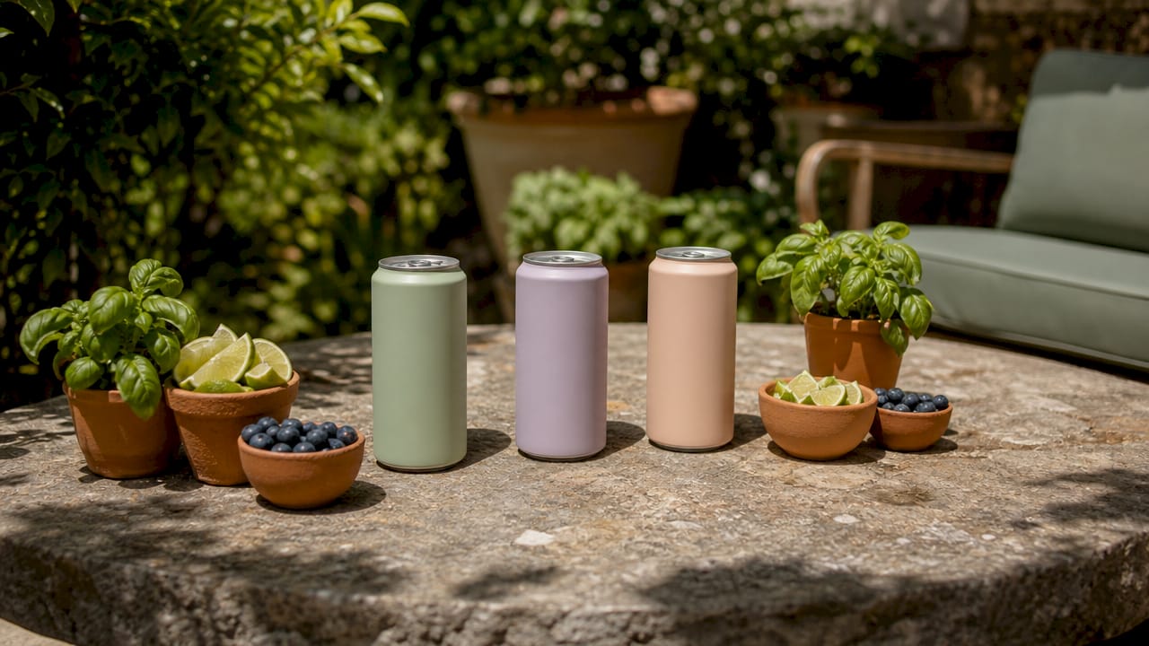 Assortment of THC seltzer cans with fruit garnishes