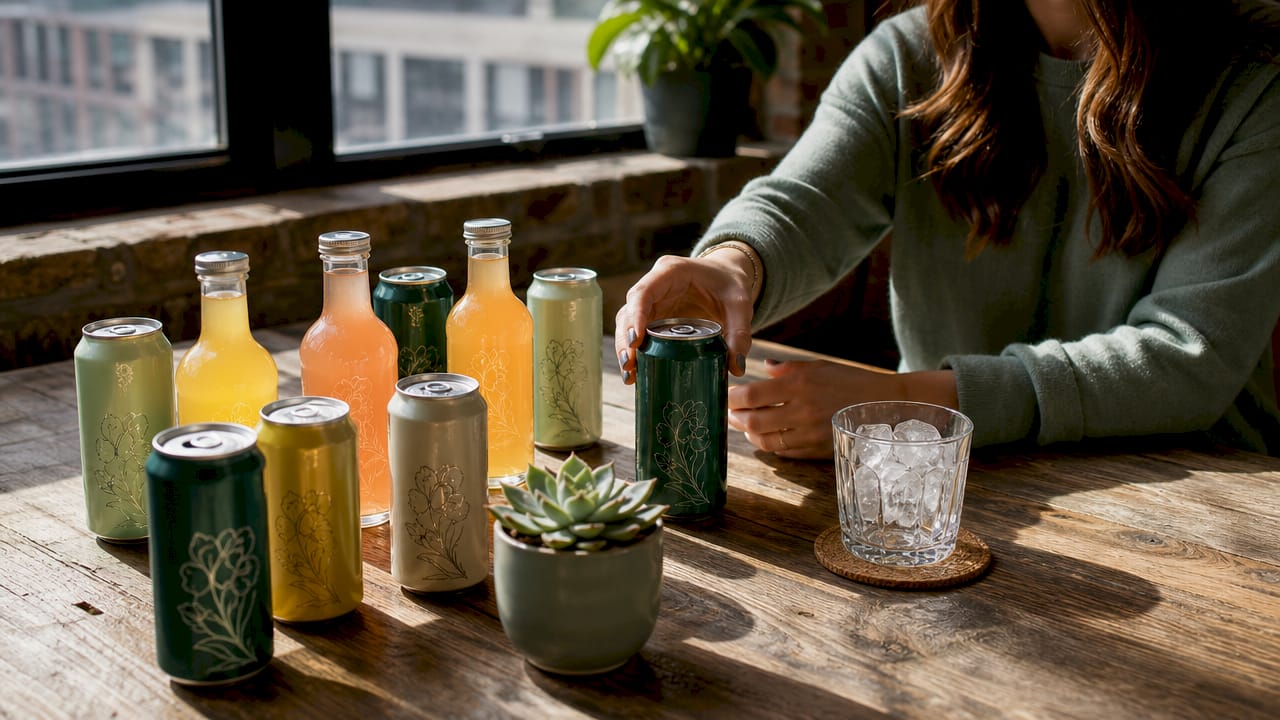 Variety of THC beverages displayed on wooden table