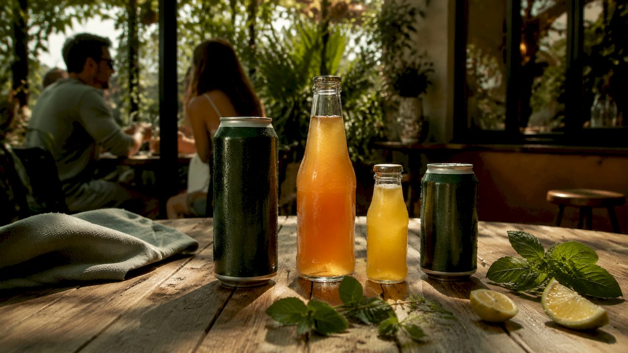 Assorted THC sparkling drink types on wooden table