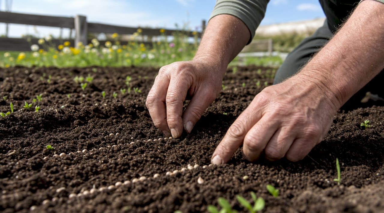 Hands planting hemp seeds in soil outdoors