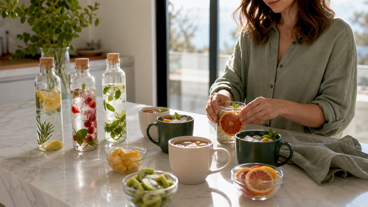 Assorted water and iced drinks on picnic table