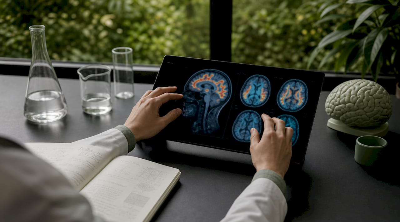 Hands interacting with PET brain scan imaging