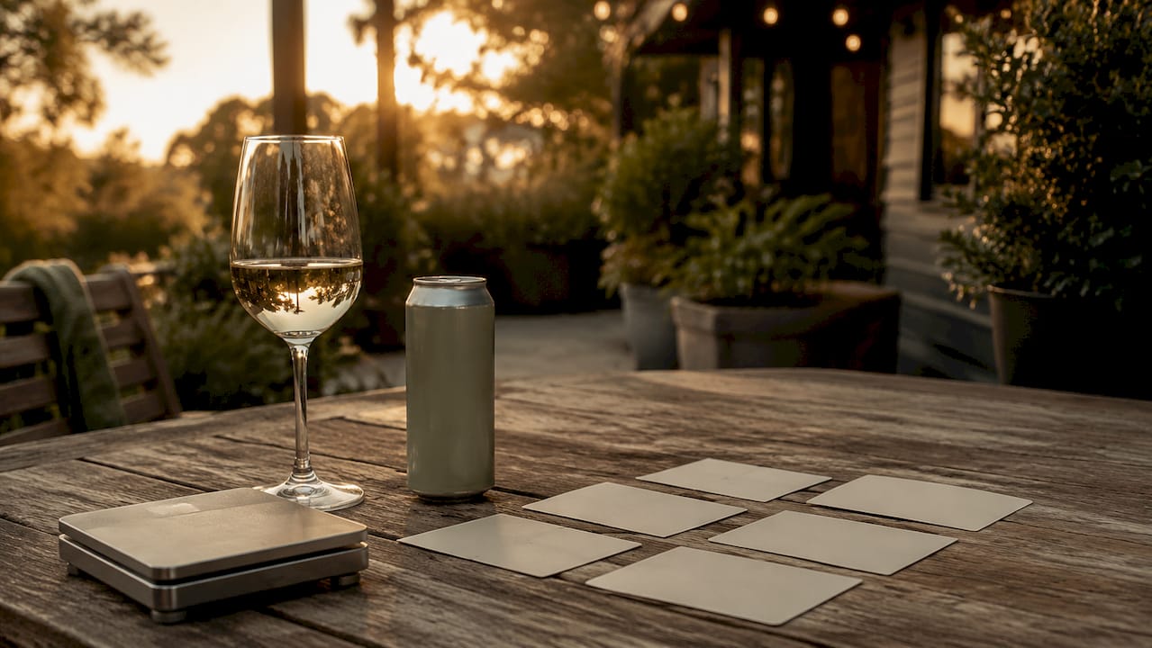 Wine glass and THC seltzer can on table