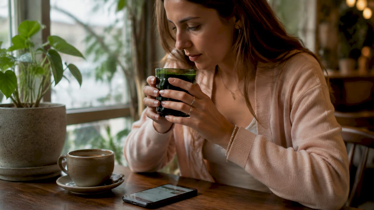Hands using period app with THC drink on counter