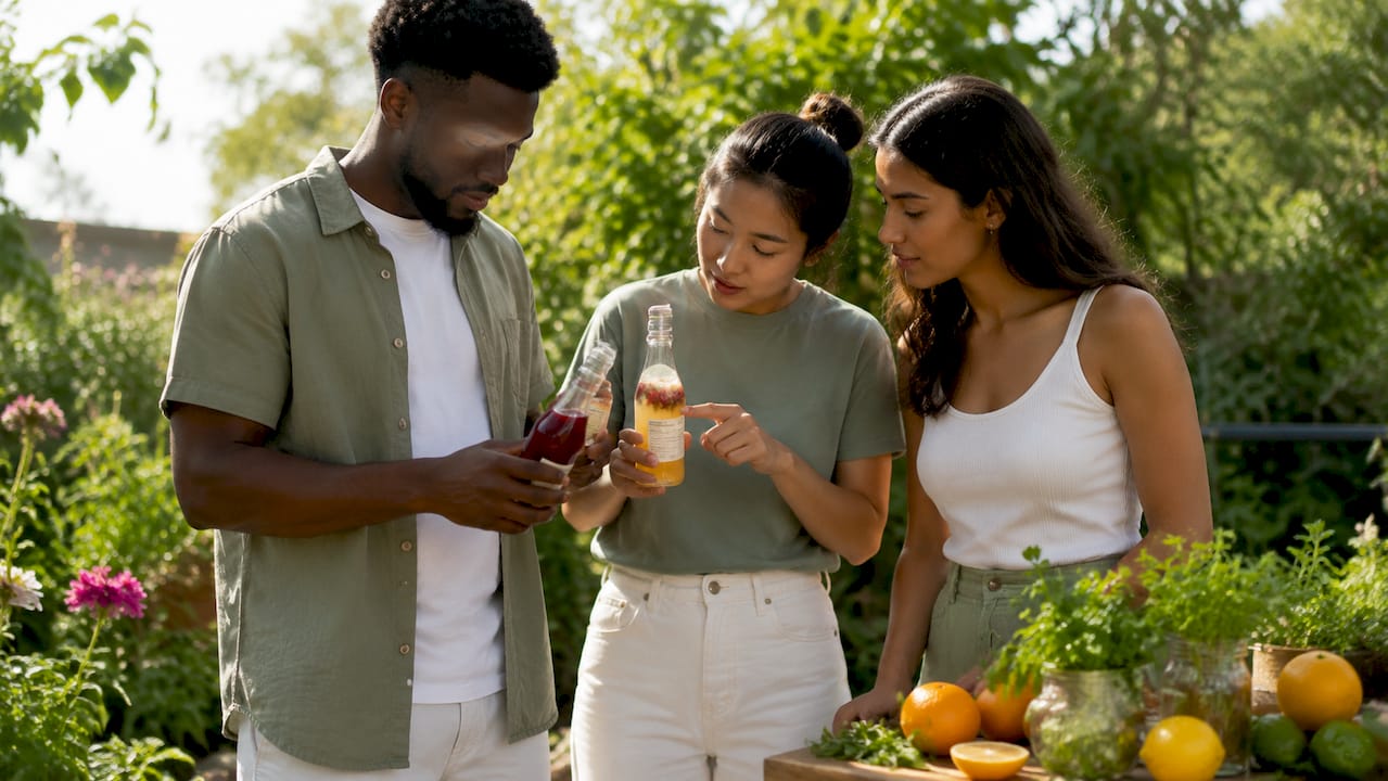 Hands examining ingredient labels on beverage bottles