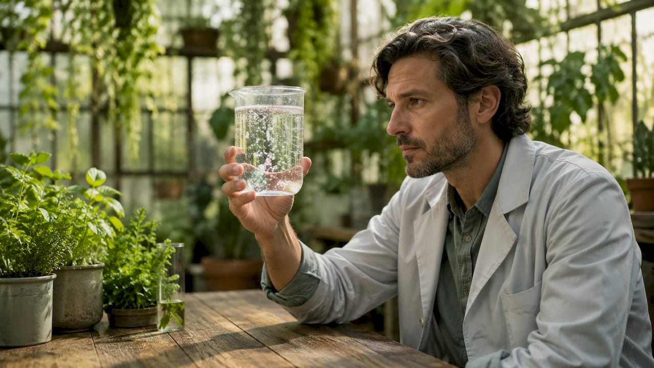 Scientist holding beaker with carbonated liquid