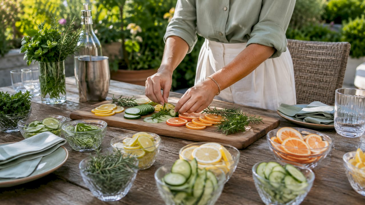 Hands arranging garnishes for party drinks